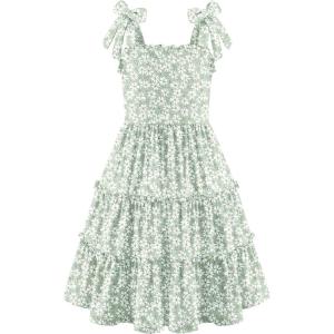 Arshiner Girls Summer Dress Tween Boho Casual Bowknot Strap Sleeveless Swing Flowy Ruffle Tiered Sundresses with Pockets(Green Floral)
