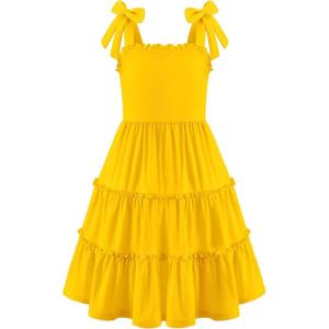 Arshiner Girls Summer Dress Tween Boho Casual Bowknot Strap Sleeveless Swing Flowy Ruffle Tiered Sundresses with Pockets(Yellow)