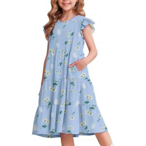 Arshiner Girl’s Summer Dresses Ruffle Sleeve Tiered Swing Midi Casual Sundress with Pockets(Floral White)