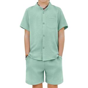Arshiner Toddler Boys 2 Piece Set Short Sleeve Button Down Shirt and Shorts Vacation Texture Outfits with Pocket 2-13 Years(Green)