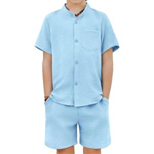 Arshiner Toddler Boys 2 Piece Set Short Sleeve Button Down Shirt and Shorts Vacation Texture Outfits with Pocket 2-13 Years(Light Blue)