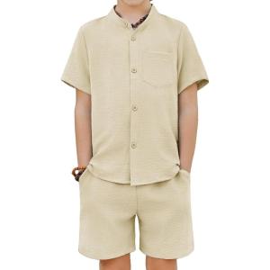 Arshiner Toddler Boys 2 Piece Set Short Sleeve Button Down Shirt and Shorts Vacation Texture Outfits with Pocket 2-13 Years(Light Khaki)