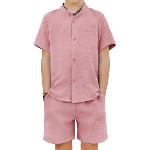 Arshiner Toddler Boys 2 Piece Set Short Sleeve Button Down Shirt and Shorts Vacation Texture Outfits with Pocket 2-13 Years(Light Pink)