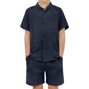 Arshiner Toddler Boys 2 Piece Set Short Sleeve Button Down Shirt and Shorts Vacation Texture Outfits with Pocket 2-13 Years(Navy Blue)