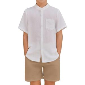 Arshiner Toddler Boys 2 Piece Set Short Sleeve Button Down Shirt and Shorts Vacation Texture Outfits with Pocket 2-13 Years(White & Khaki)