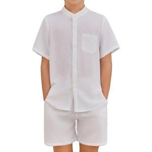 Arshiner Toddler Boys 2 Piece Set Short Sleeve Button Down Shirt and Shorts Vacation Texture Outfits with Pocket 2-13 Years(White)