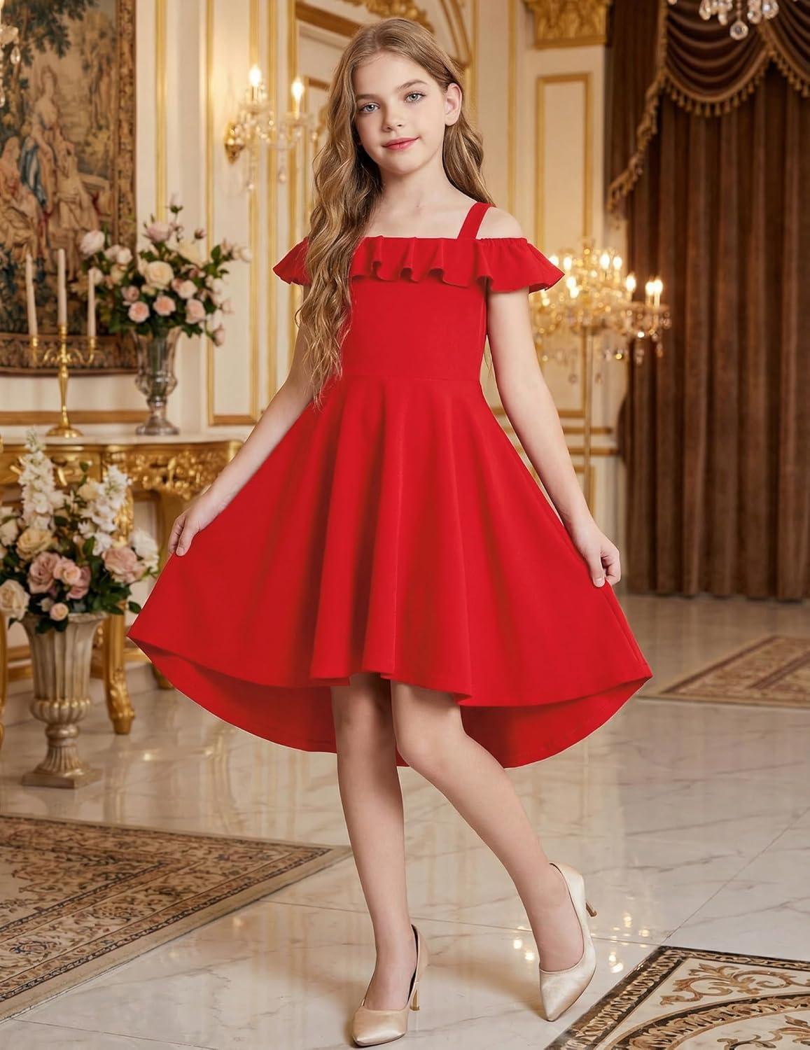 image:imageArshiner Girls Summer Dress Off Shoulder Flutter Sleeve Midi Swing Cassual Formal Dresses with PocketBright Red