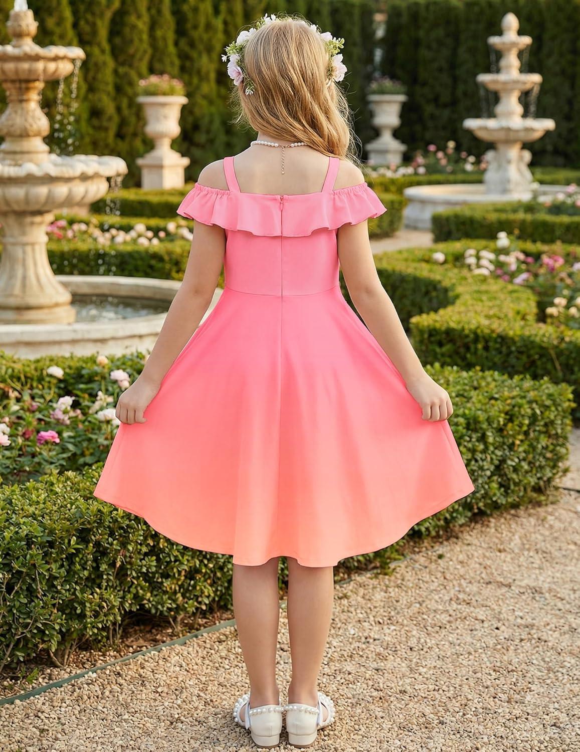 image:imageArshiner Girls Summer Dress Off Shoulder Flutter Sleeve Midi Swing Cassual Formal Dresses with PocketPink Orange Gradient