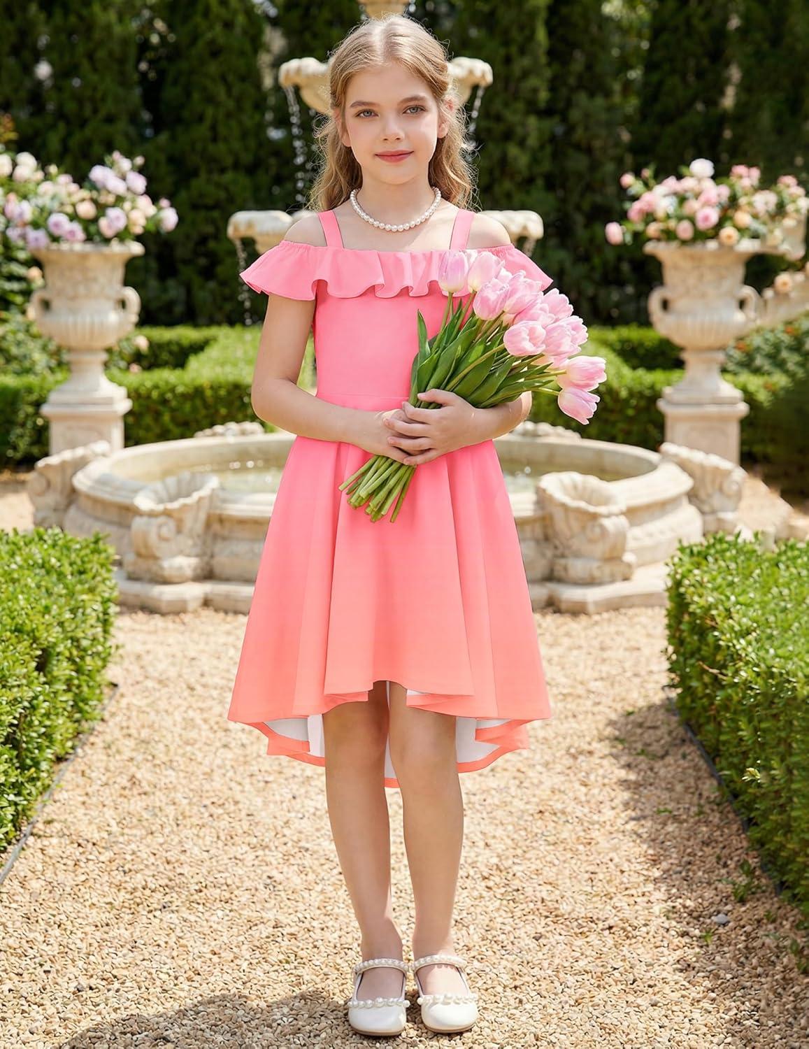 image:imageArshiner Girls Summer Dress Off Shoulder Flutter Sleeve Midi Swing Cassual Formal Dresses with PocketPink Orange Gradient