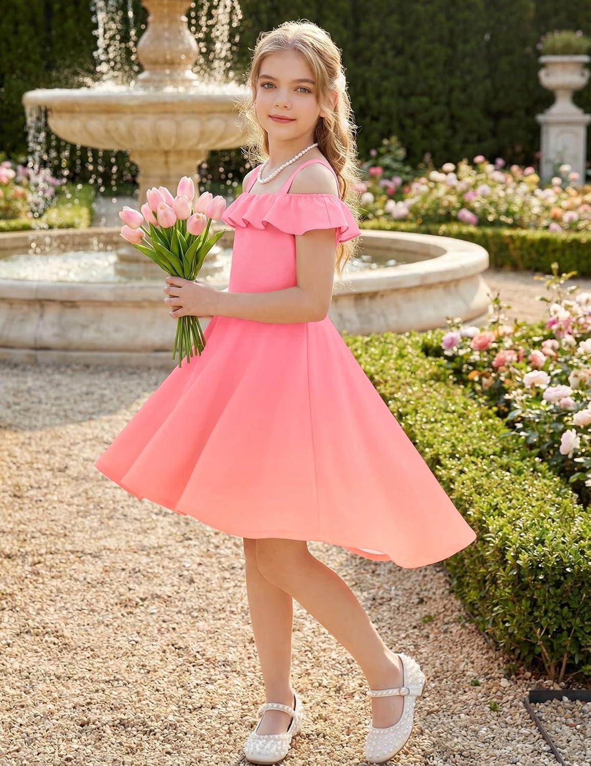 image:imageArshiner Girls Summer Dress Off Shoulder Flutter Sleeve Midi Swing Cassual Formal Dresses with PocketPink Orange Gradient