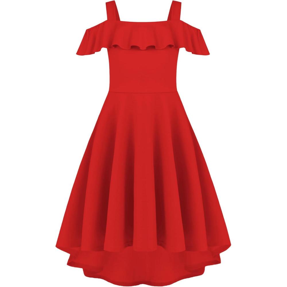 image:imageArshiner Girls Summer Dress Off Shoulder Flutter Sleeve Midi Swing Cassual Formal Dresses with PocketBright Red