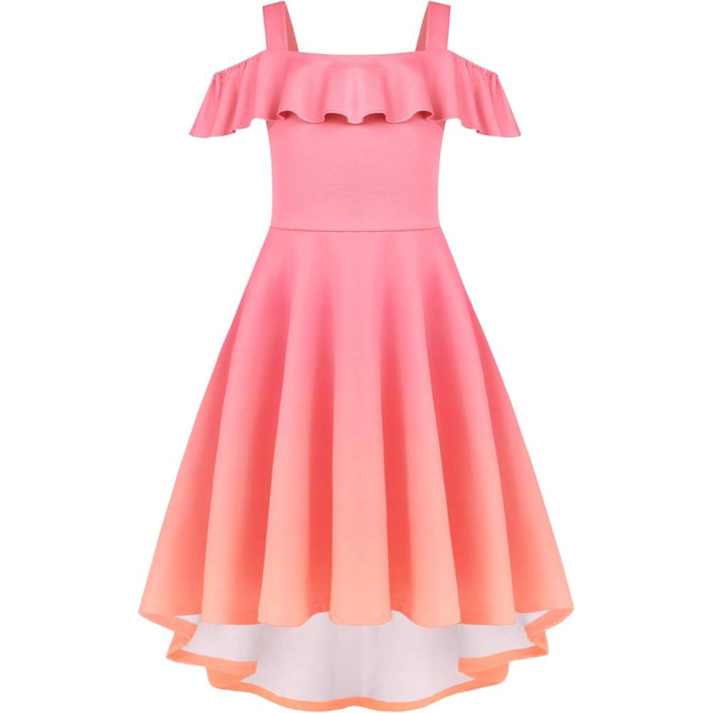 image:imageArshiner Girls Summer Dress Off Shoulder Flutter Sleeve Midi Swing Cassual Formal Dresses with PocketPink Orange Gradient