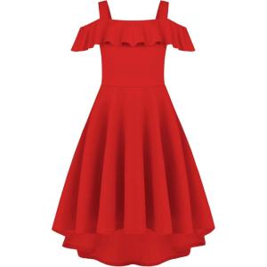 Arshiner Girls Summer Dress Off Shoulder Flutter Sleeve Midi Swing Cassual Formal Dresses with Pocket(Bright Red)