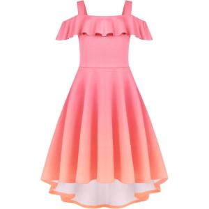 Arshiner Girls Summer Dress Off Shoulder Flutter Sleeve Midi Swing Cassual Formal Dresses with Pocket(Pink Orange Gradient)