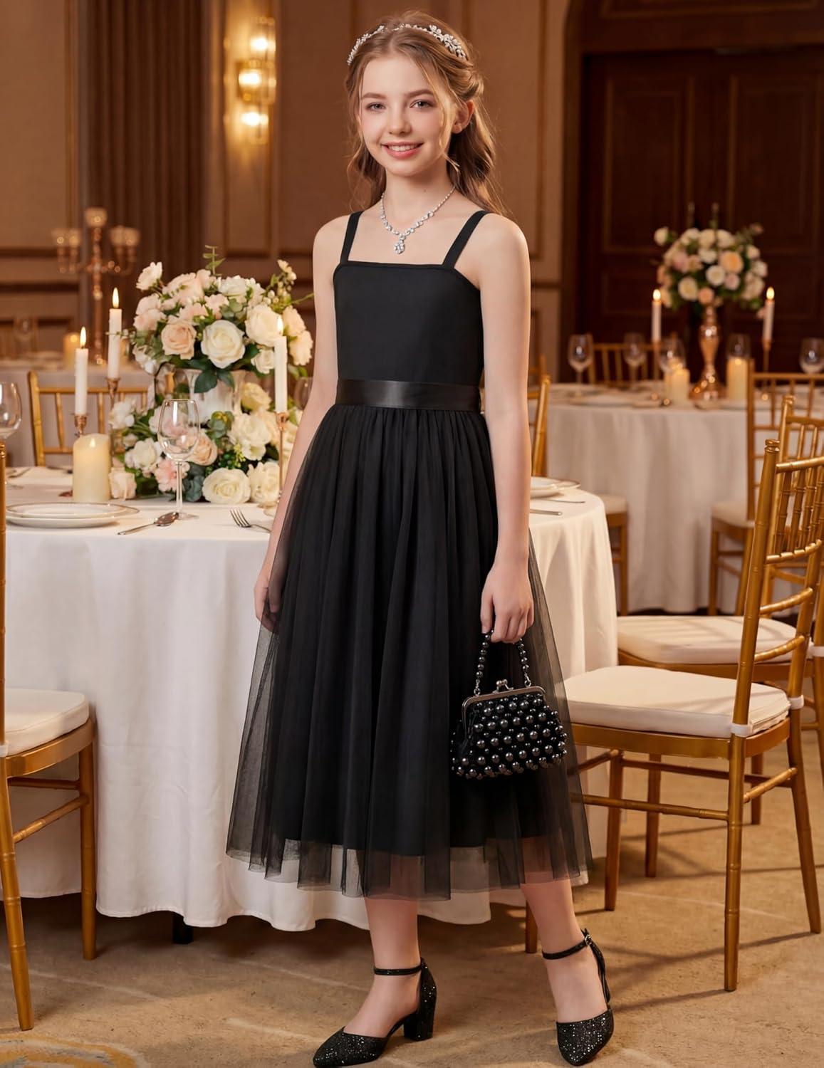 image:imageArshiner Flower Girls Dress Spaghetti Strap Formal Wedding Pageant Party Tulle Long Dresses with BeltBlack