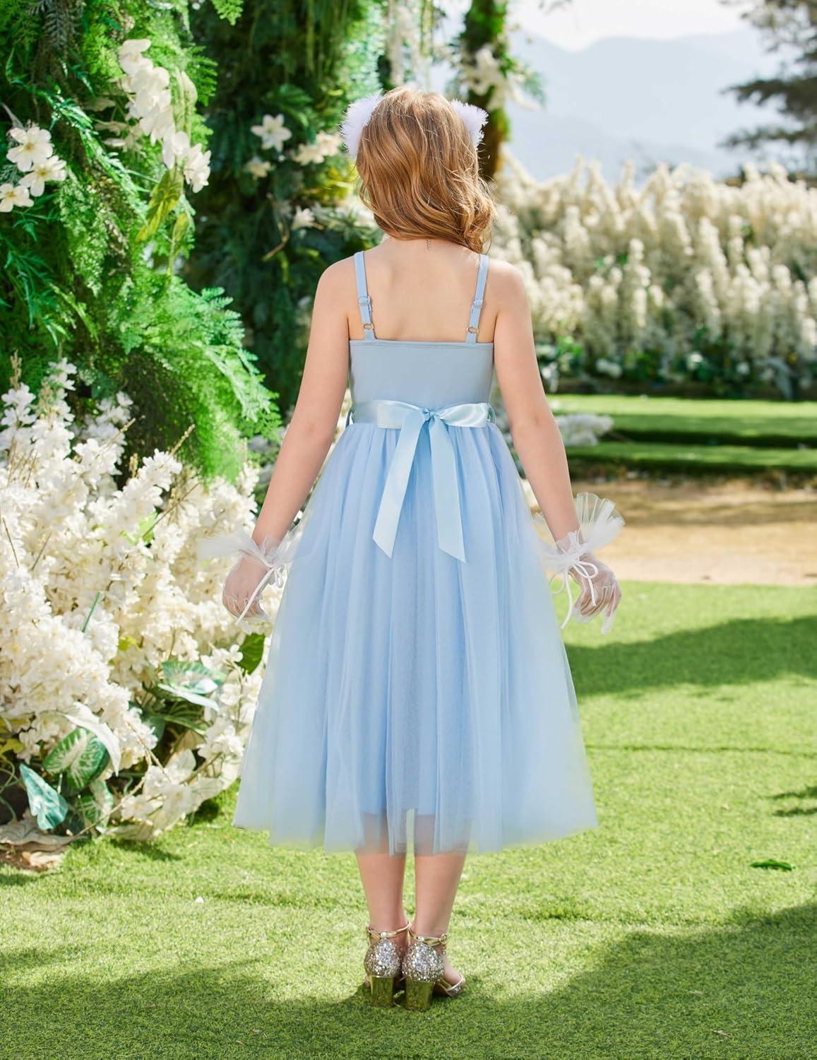 image:imageArshiner Flower Girls Dress Spaghetti Strap Formal Wedding Pageant Party Tulle Long Dresses with BeltBlue