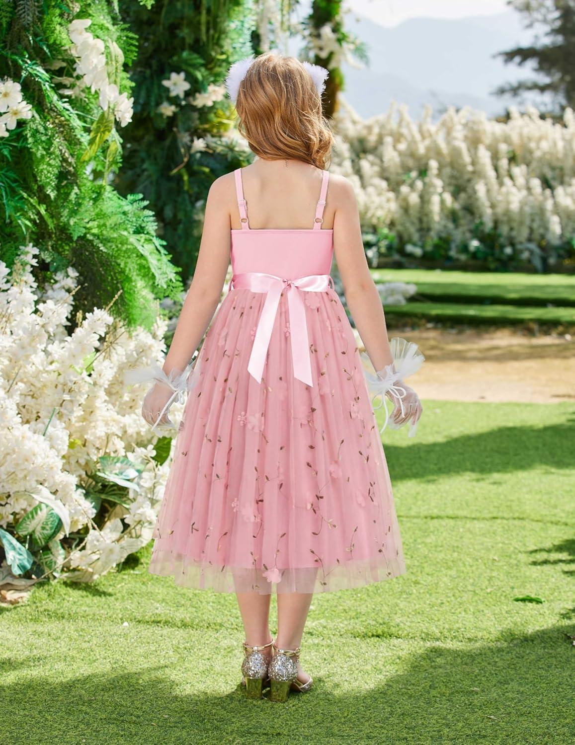 image:imageArshiner Flower Girls Dress Spaghetti Strap Formal Wedding Pageant Party Tulle Long Dresses with BeltPink Floral