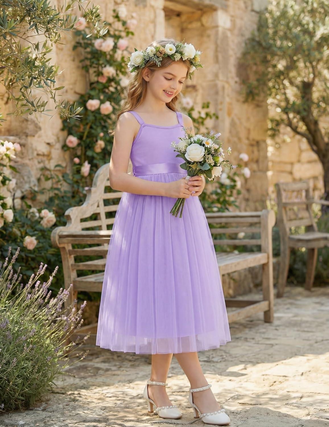 image:imageArshiner Flower Girls Dress Spaghetti Strap Formal Wedding Pageant Party Tulle Long Dresses with BeltPurple