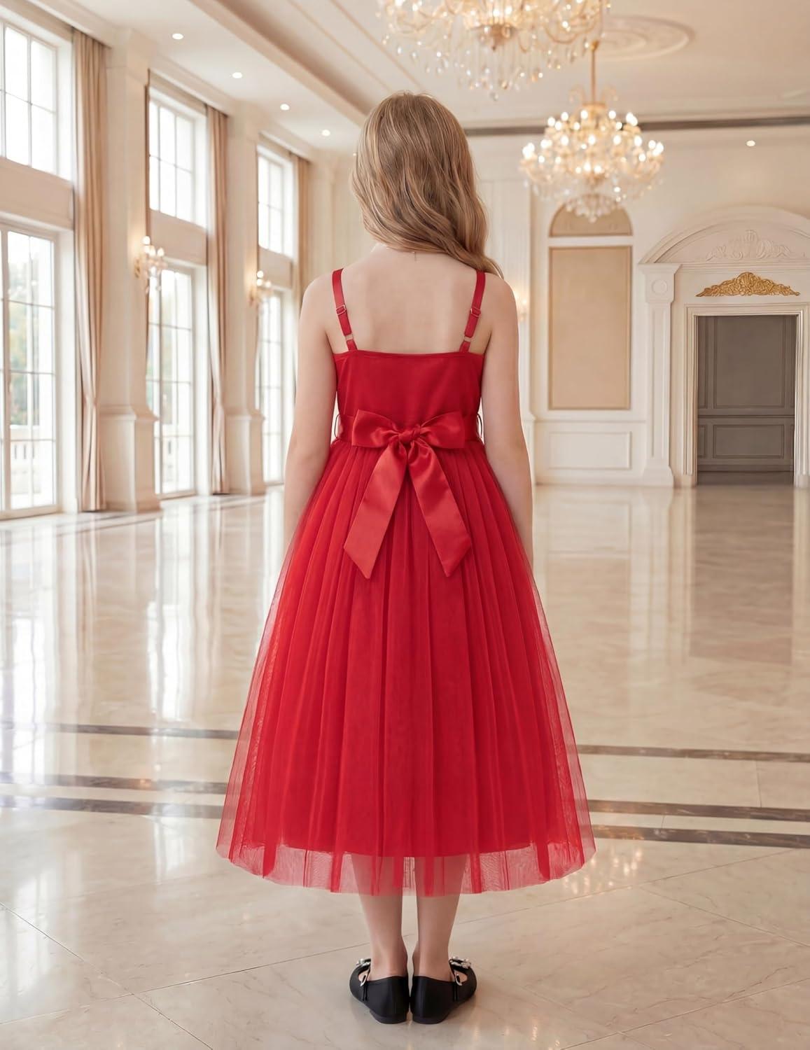 image:imageArshiner Flower Girls Dress Spaghetti Strap Formal Wedding Pageant Party Tulle Long Dresses with BeltRed