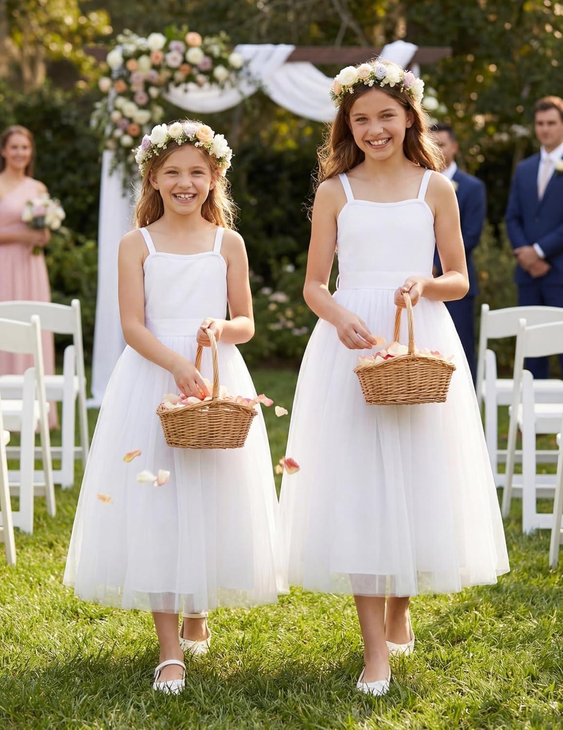 image:imageArshiner Flower Girls Dress Spaghetti Strap Formal Wedding Pageant Party Tulle Long Dresses with BeltWhite