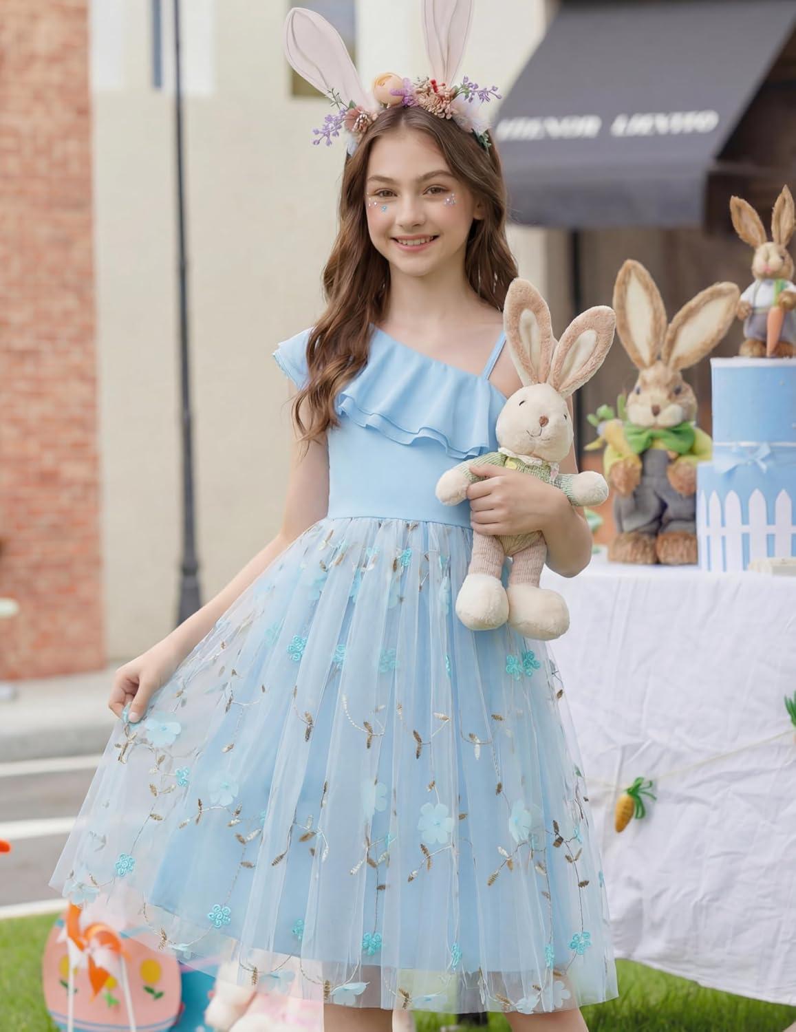 image:imageArshiner Girls Dresses Ruffle Trim Off Shoulder Formal Wedding Party Fancy Summer Tulle Dress for 614 YearsBlue Floral
