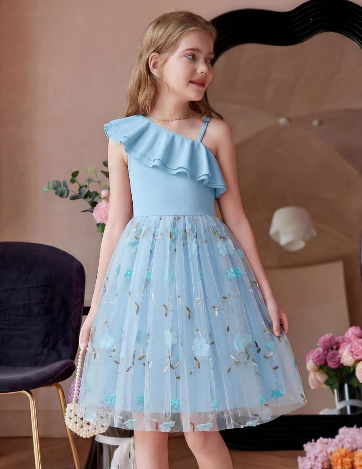 image:imageArshiner Girls Dresses Ruffle Trim Off Shoulder Formal Wedding Party Fancy Summer Tulle Dress for 614 YearsBlue Floral