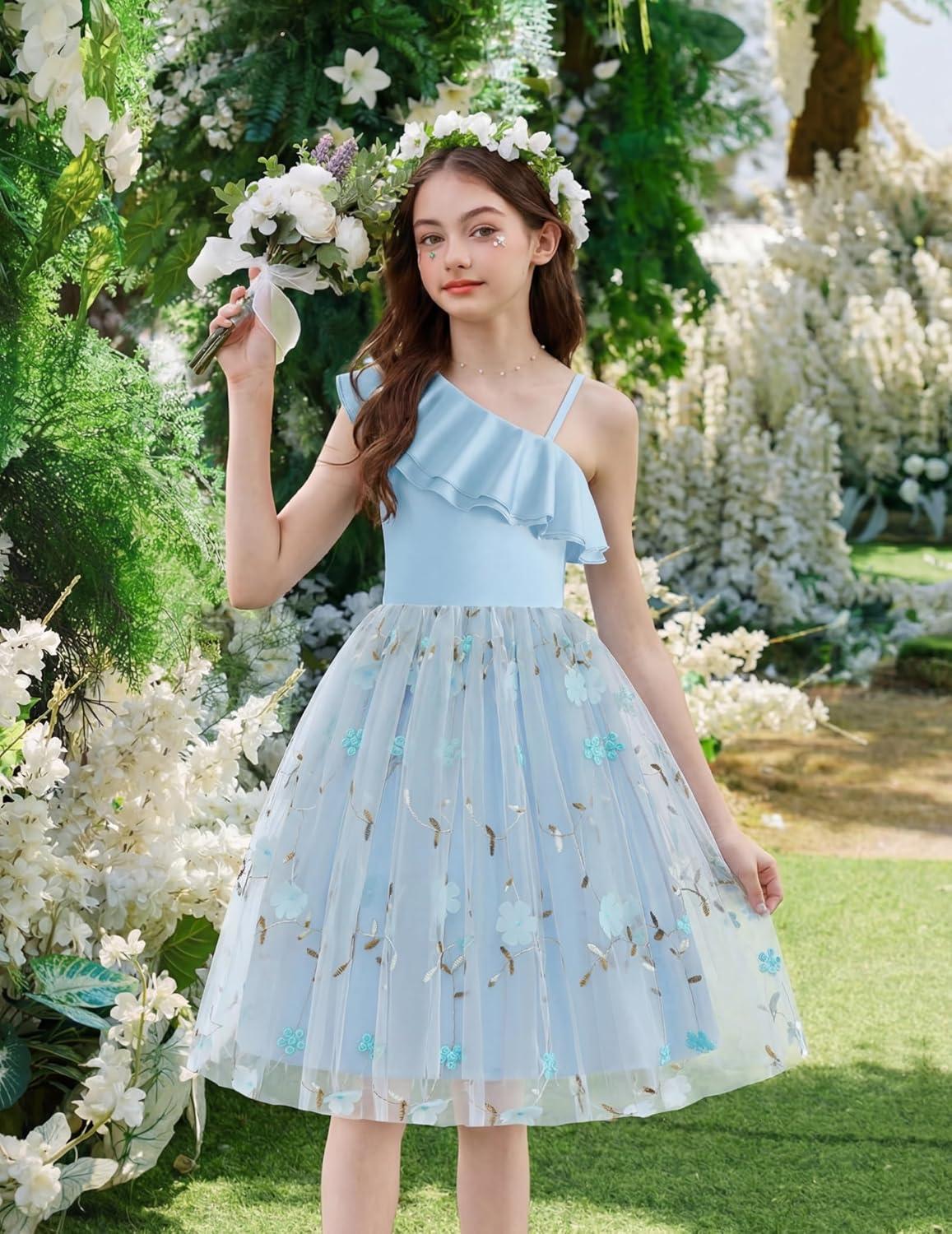 image:imageArshiner Girls Dresses Ruffle Trim Off Shoulder Formal Wedding Party Fancy Summer Tulle Dress for 614 YearsBlue Floral