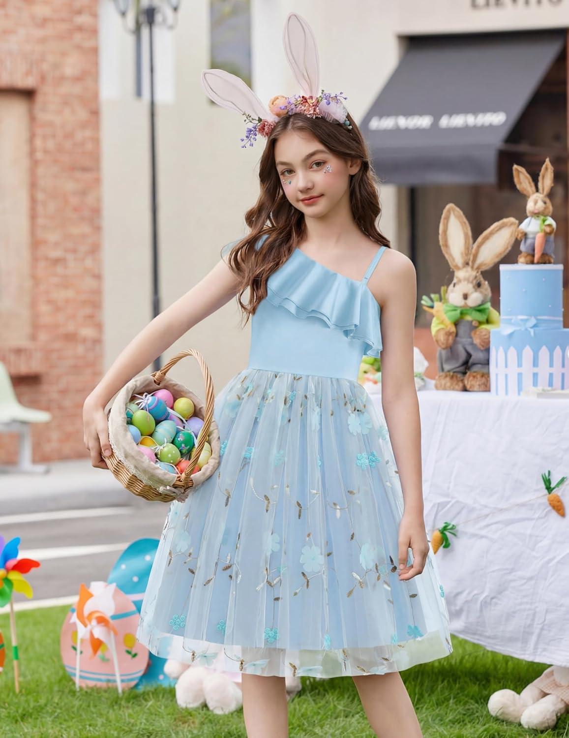 image:imageArshiner Girls Dresses Ruffle Trim Off Shoulder Formal Wedding Party Fancy Summer Tulle Dress for 614 YearsBlue Floral
