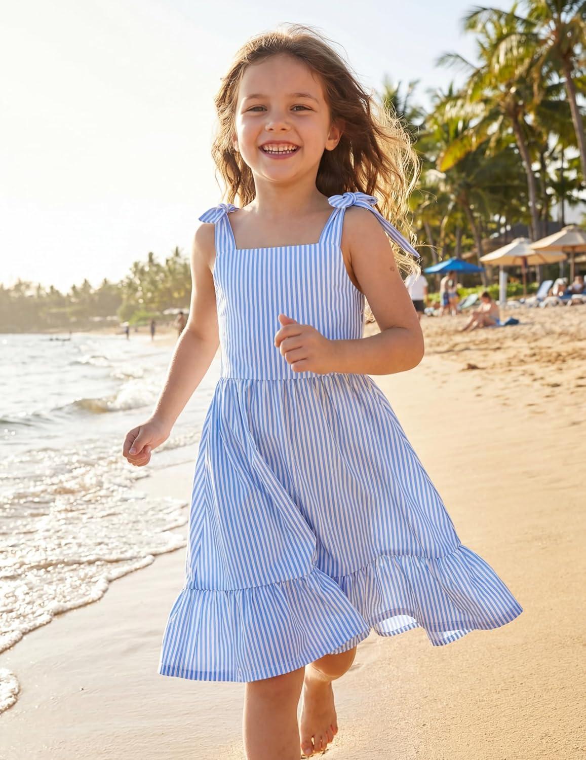 image:imageArshiner Girls Summer Dress Bowknot Strap Casual Sleeveless Tiered Sundress with Pockets 614 YearsBlue Stripes