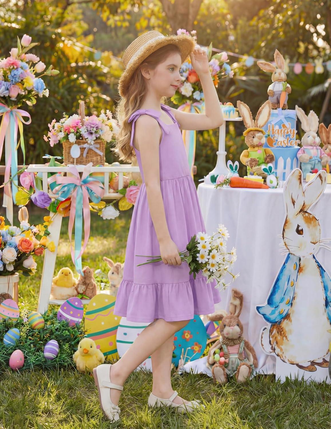 image:imageArshiner Girls Summer Dress Bowknot Strap Casual Sleeveless Tiered Sundress with Pockets 614 YearsPurple