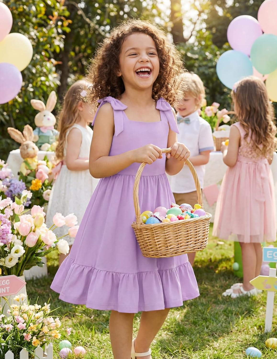 image:imageArshiner Girls Summer Dress Bowknot Strap Casual Sleeveless Tiered Sundress with Pockets 614 YearsPurple