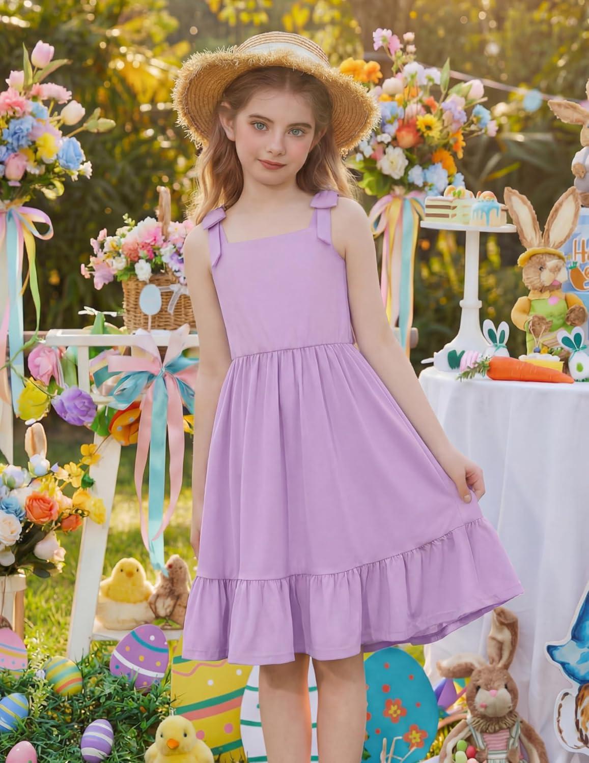 image:imageArshiner Girls Summer Dress Bowknot Strap Casual Sleeveless Tiered Sundress with Pockets 614 YearsPurple