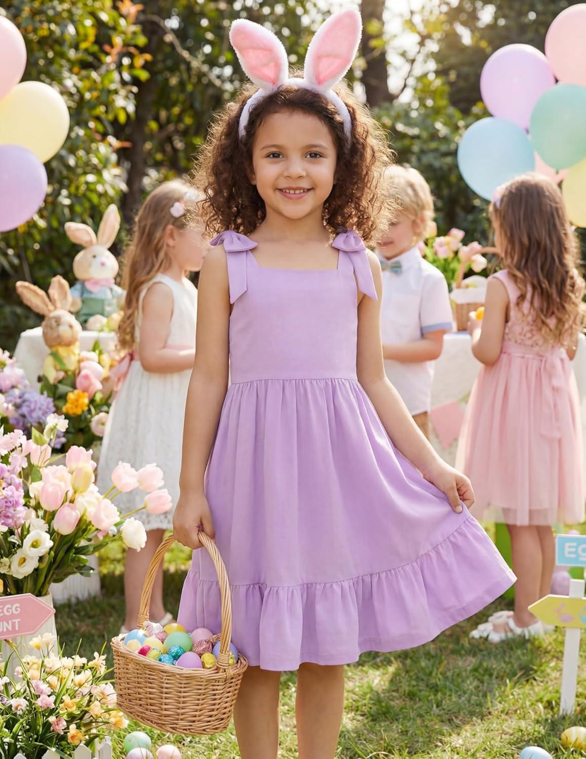 image:imageArshiner Girls Summer Dress Bowknot Strap Casual Sleeveless Tiered Sundress with Pockets 614 YearsPurple