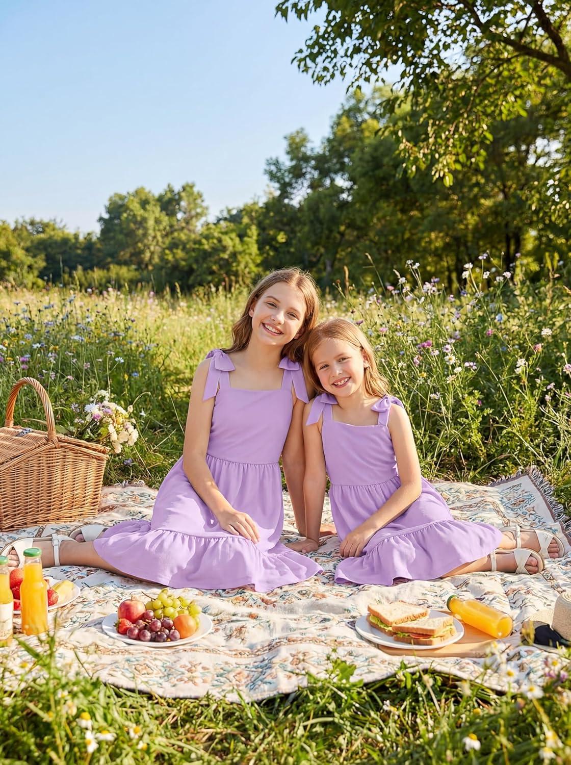 image:imageArshiner Girls Summer Dress Bowknot Strap Casual Sleeveless Tiered Sundress with Pockets 614 YearsPurple