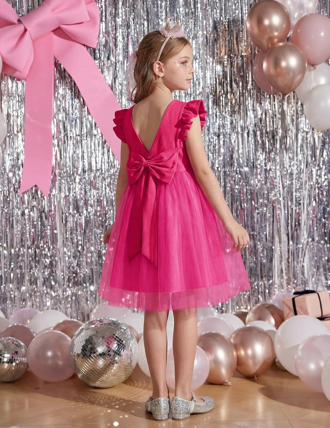 image:imageArshiner Toddler Flower Girl Dress VBack Bowknot Birthday Party Formal Ball Gown Prom Tulle DressesHot Pink