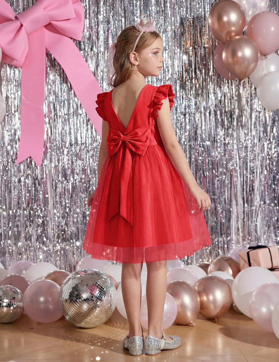 image:imageArshiner Toddler Flower Girl Dress VBack Bowknot Birthday Party Formal Ball Gown Prom Tulle DressesRed