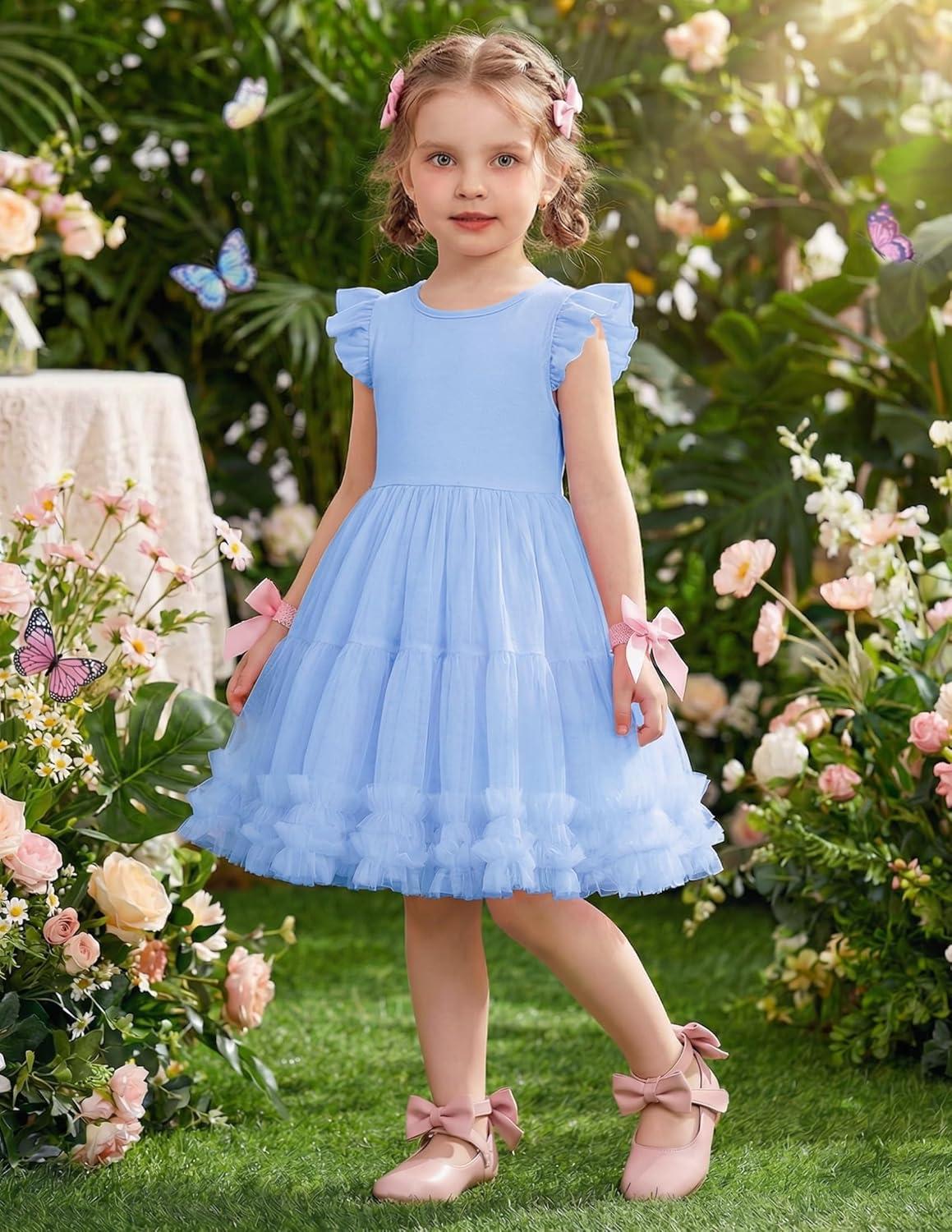 image:imageArshiner Toddler Tutu Dress Girls Summer Ruffle Sleeve Tulle Sundress Birthday Party Dresses 38YBlue
