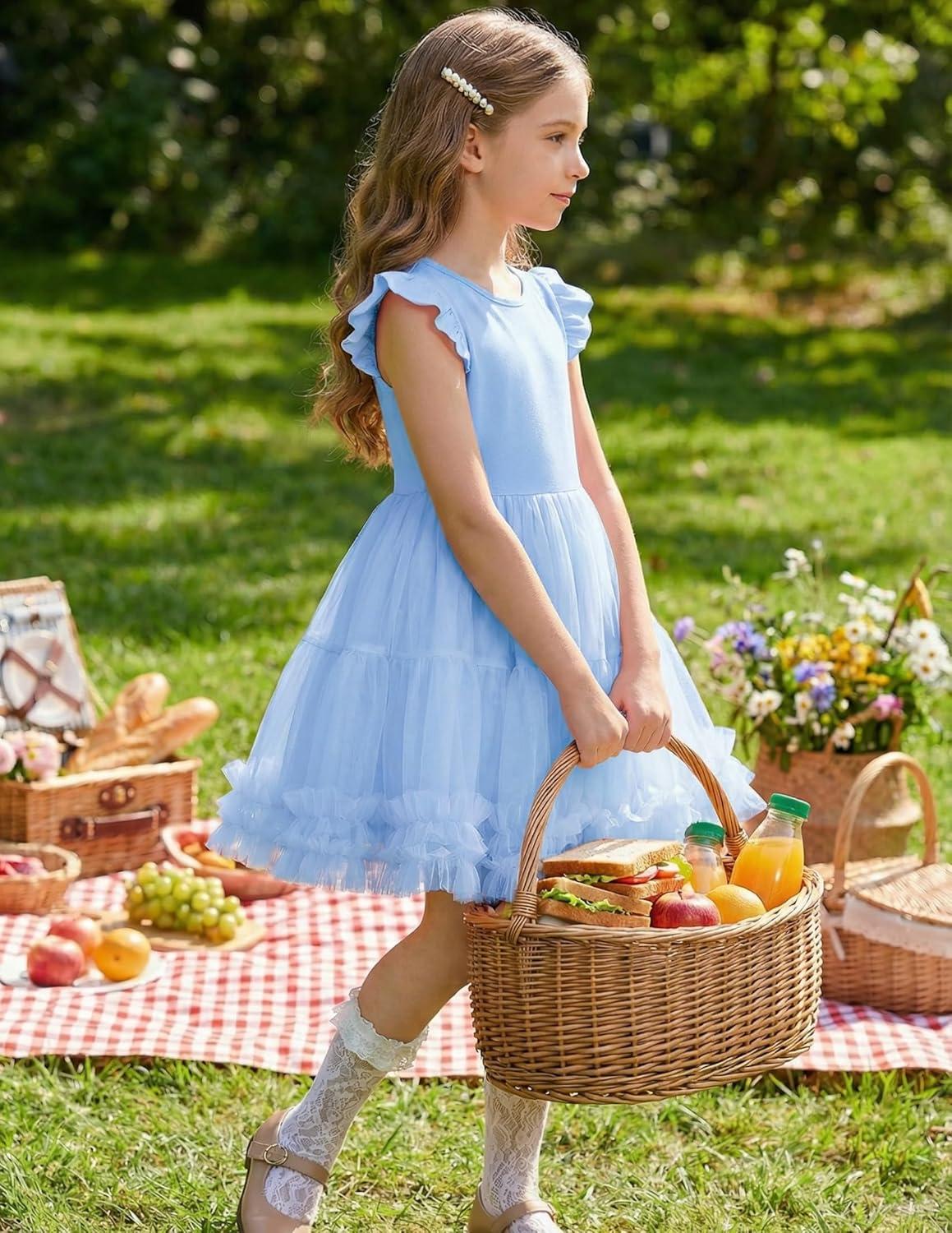 image:imageArshiner Toddler Tutu Dress Girls Summer Ruffle Sleeve Tulle Sundress Birthday Party Dresses 38YBlue