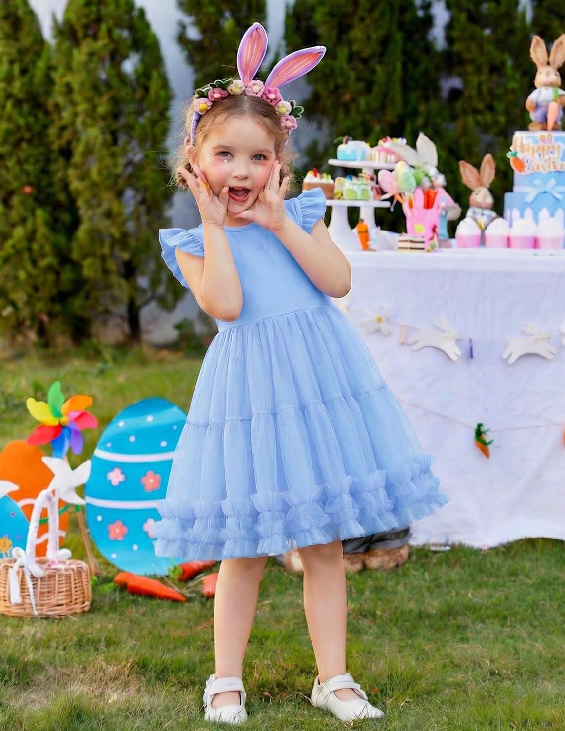 image:imageArshiner Toddler Tutu Dress Girls Summer Ruffle Sleeve Tulle Sundress Birthday Party Dresses 38YBlue