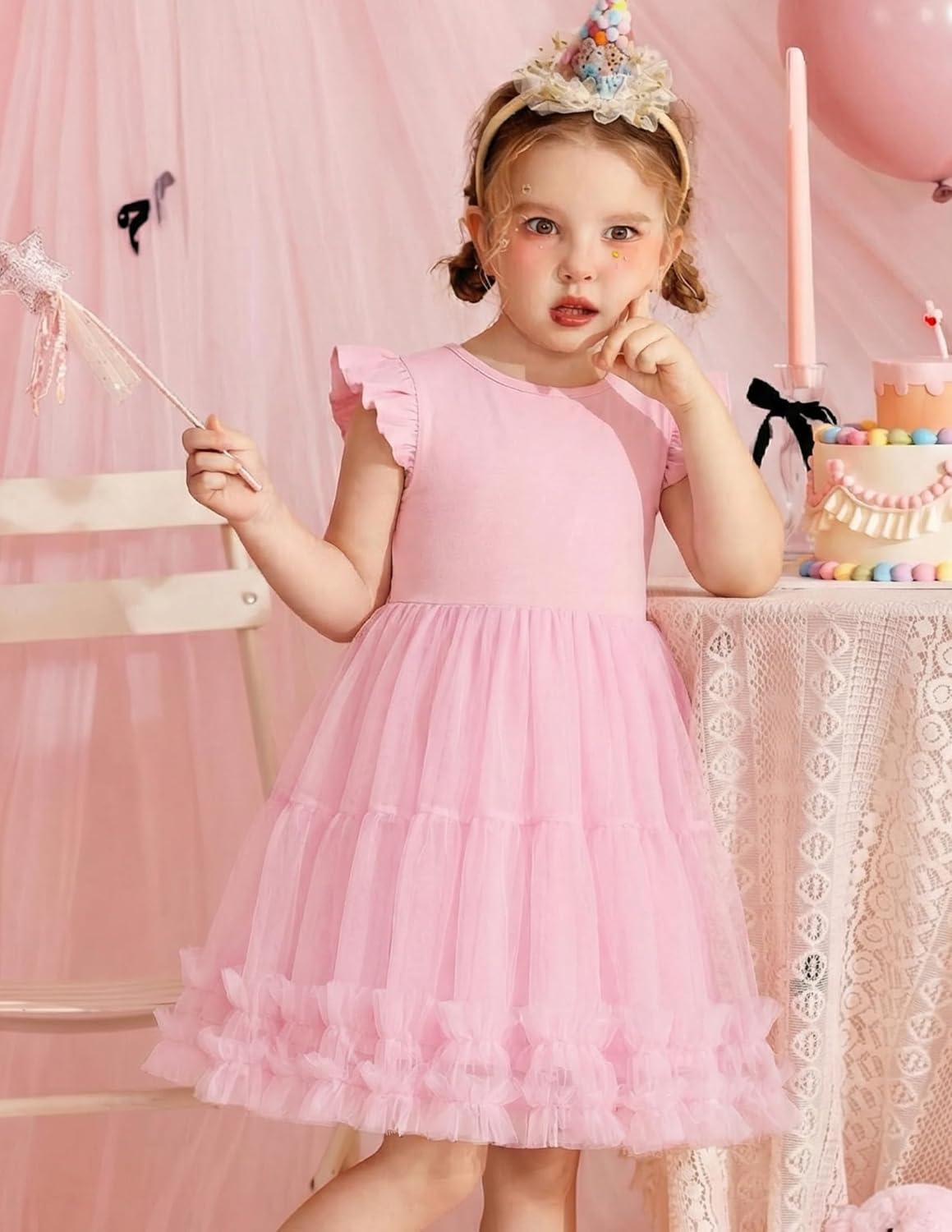 image:imageArshiner Toddler Tutu Dress Girls Summer Ruffle Sleeve Tulle Sundress Birthday Party Dresses 38YPink