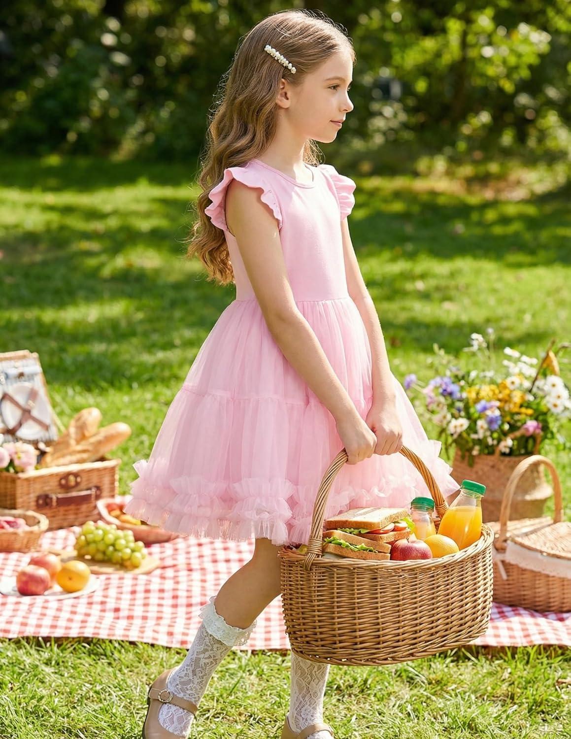 image:imageArshiner Toddler Tutu Dress Girls Summer Ruffle Sleeve Tulle Sundress Birthday Party Dresses 38YPink