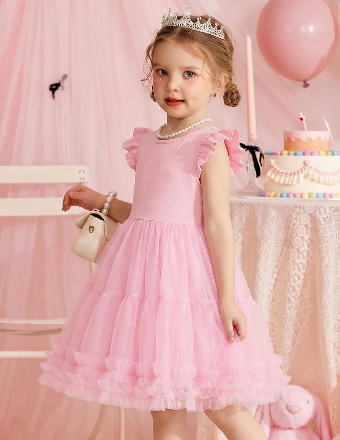 image:imageArshiner Toddler Tutu Dress Girls Summer Ruffle Sleeve Tulle Sundress Birthday Party Dresses 38YPink