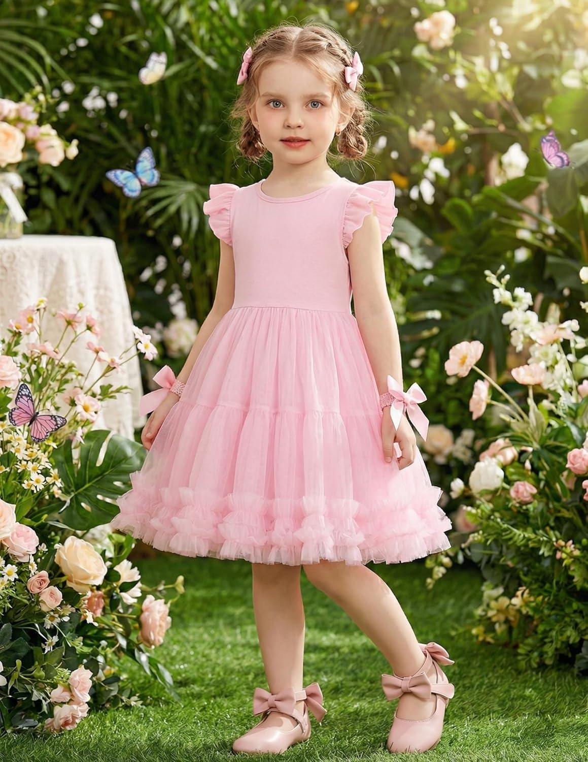 image:imageArshiner Toddler Tutu Dress Girls Summer Ruffle Sleeve Tulle Sundress Birthday Party Dresses 38YPink