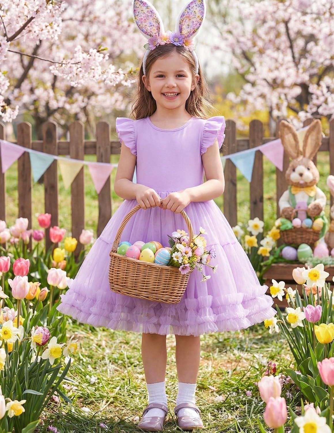 image:imageArshiner Toddler Tutu Dress Girls Summer Ruffle Sleeve Tulle Sundress Birthday Party Dresses 38YPurple