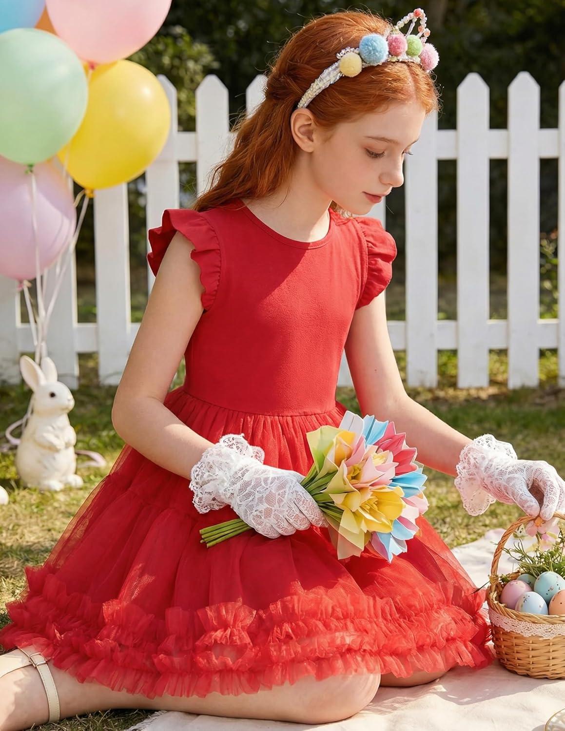 image:imageArshiner Toddler Tutu Dress Girls Summer Ruffle Sleeve Tulle Sundress Birthday Party Dresses 38YRed