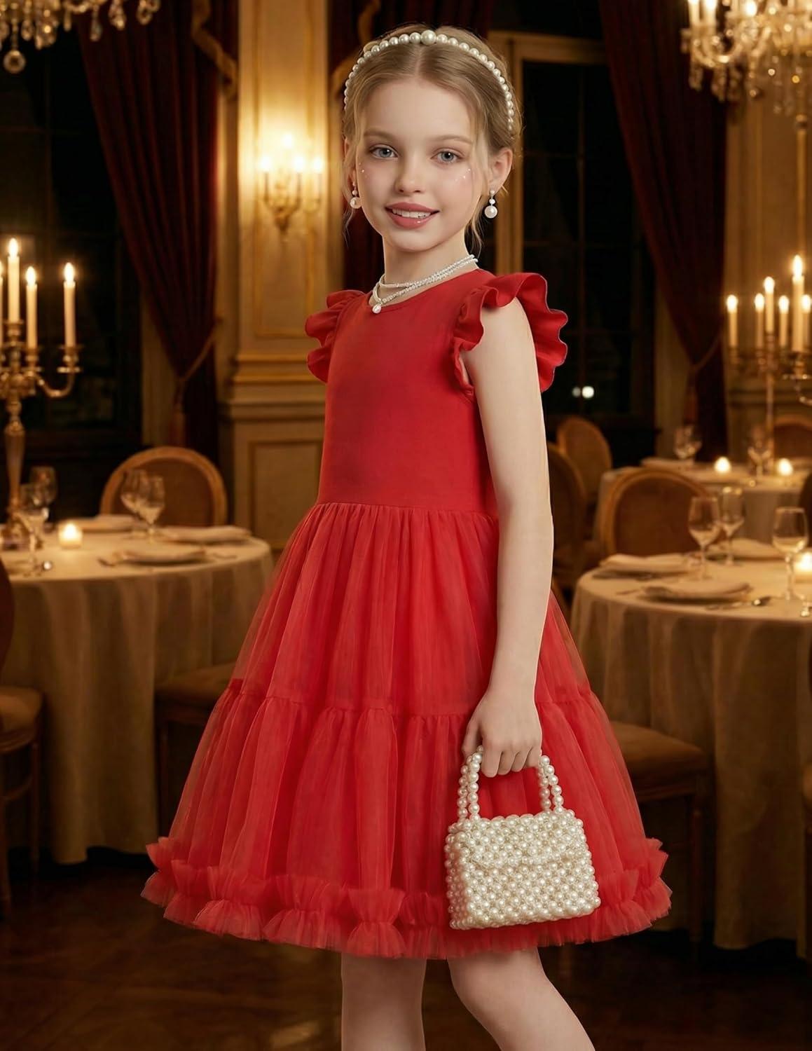 image:imageArshiner Toddler Tutu Dress Girls Summer Ruffle Sleeve Tulle Sundress Birthday Party Dresses 38YRed