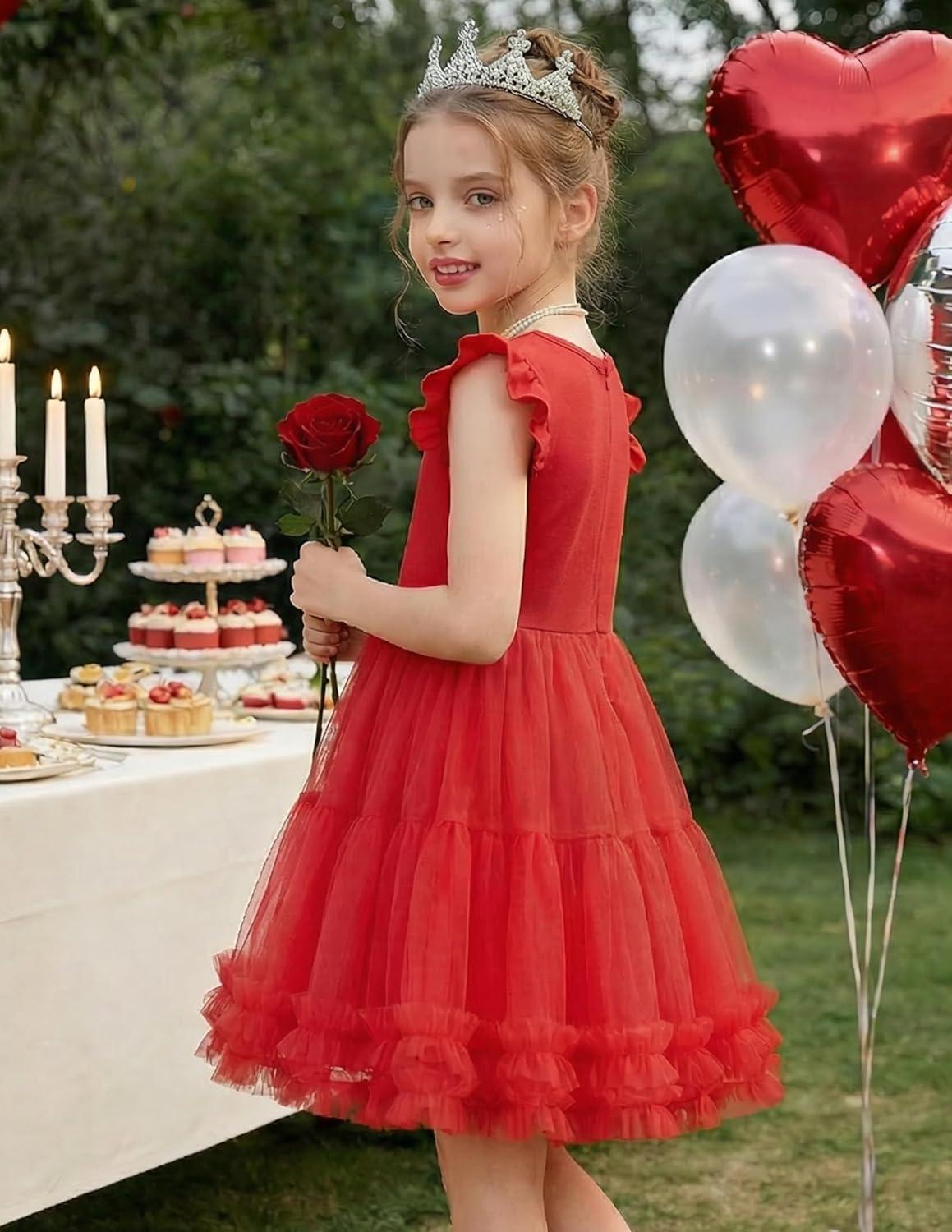 image:imageArshiner Toddler Tutu Dress Girls Summer Ruffle Sleeve Tulle Sundress Birthday Party Dresses 38YRed
