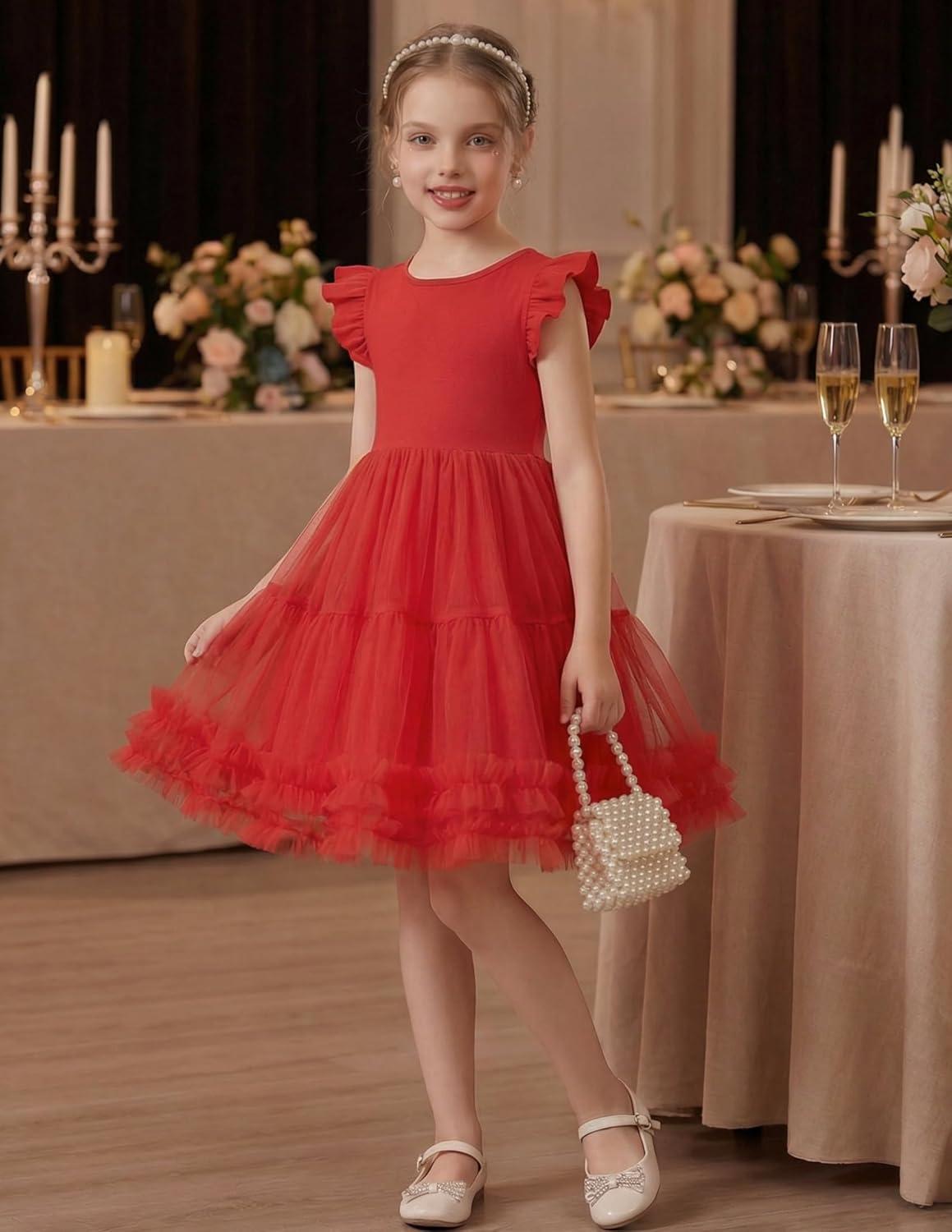 image:imageArshiner Toddler Tutu Dress Girls Summer Ruffle Sleeve Tulle Sundress Birthday Party Dresses 38YRed