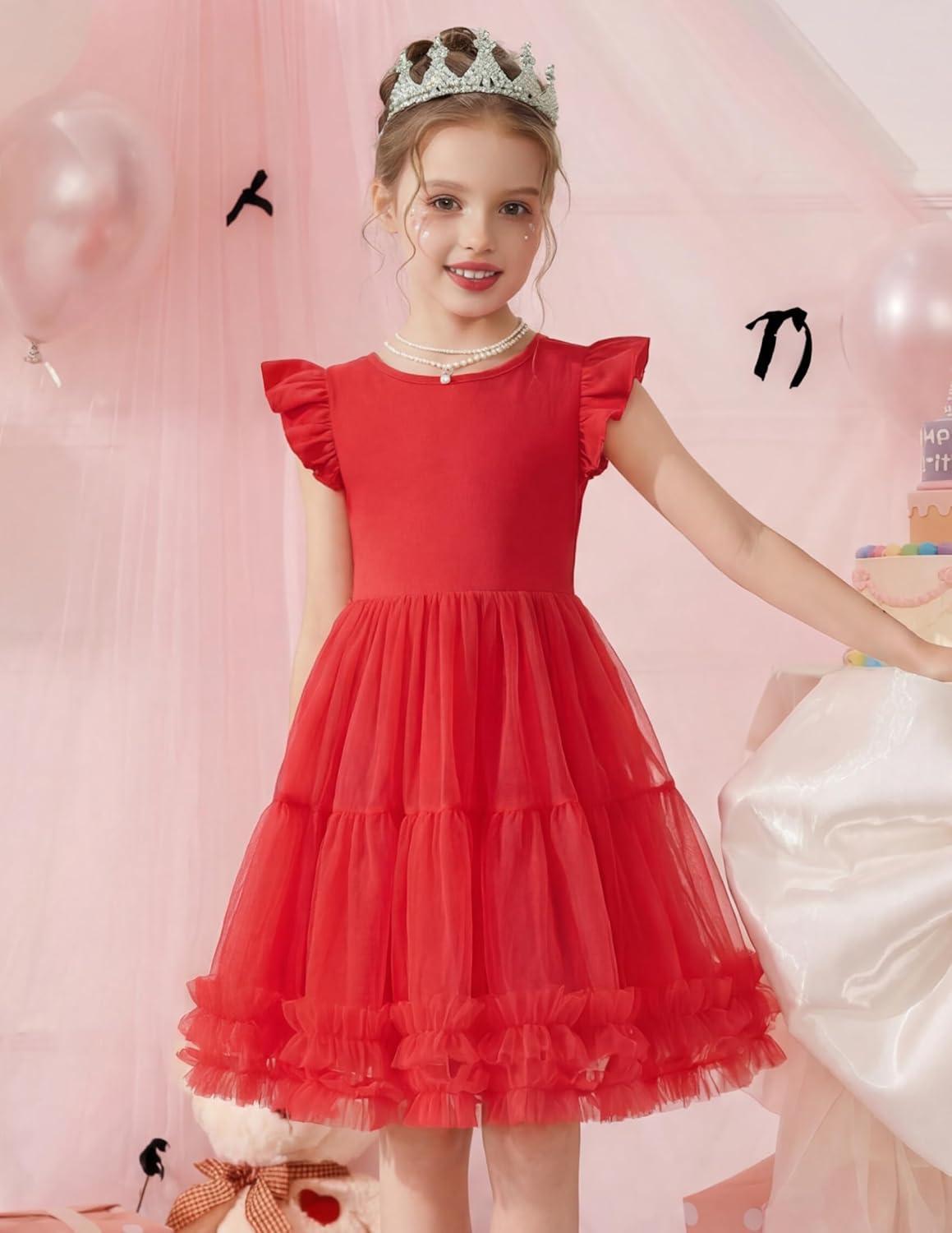 image:imageArshiner Toddler Tutu Dress Girls Summer Ruffle Sleeve Tulle Sundress Birthday Party Dresses 38YRed