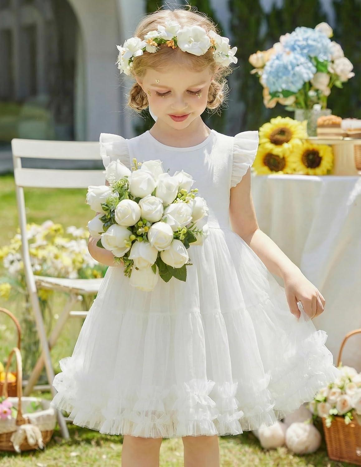 image:imageArshiner Toddler Tutu Dress Girls Summer Ruffle Sleeve Tulle Sundress Birthday Party Dresses 38YWhite